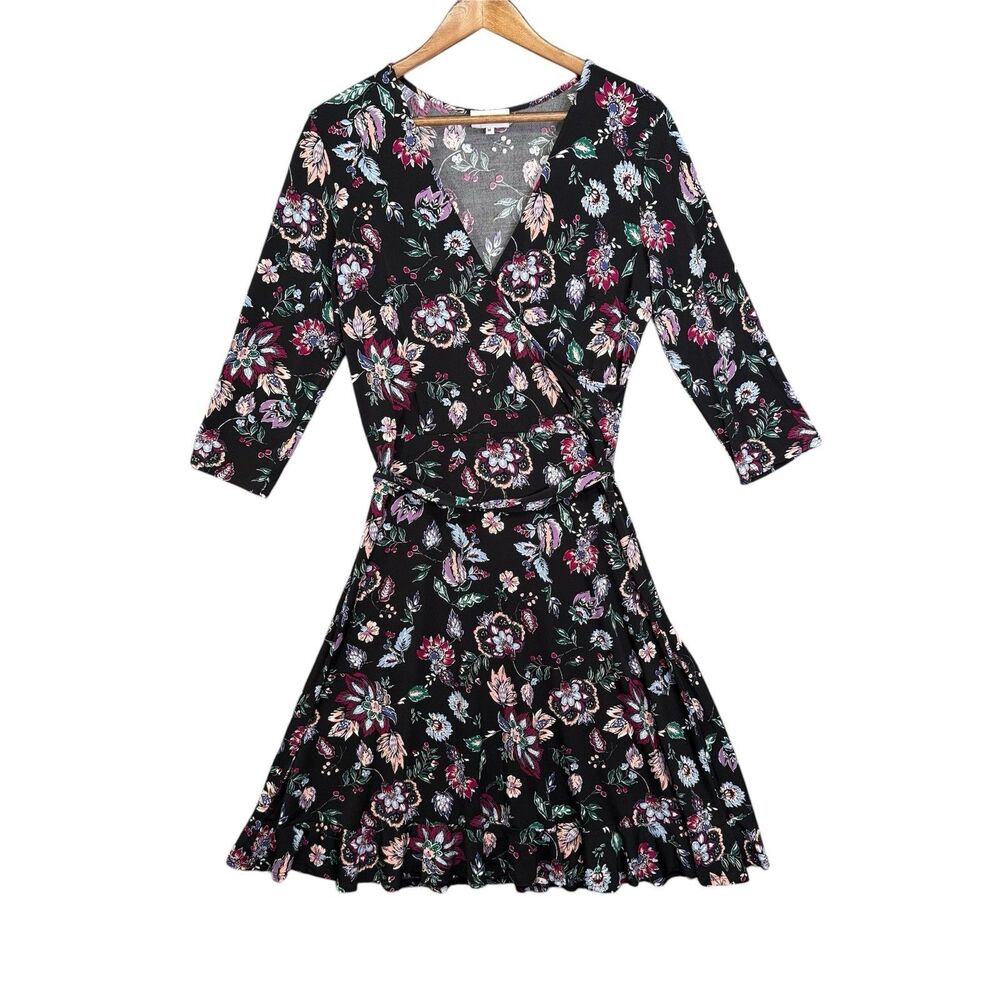 Leota Dress Libby 3/4  Sleeve Floral Print Ruffle Hem Faux Wrap Medium Stretch